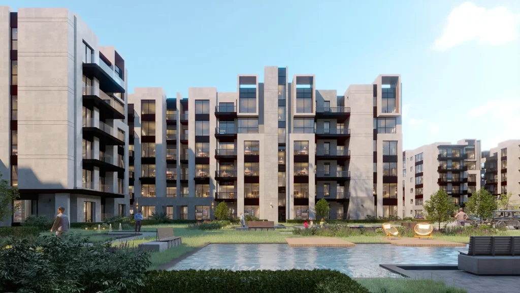 Contemporary apartment complex with landscaped gardens and water features.