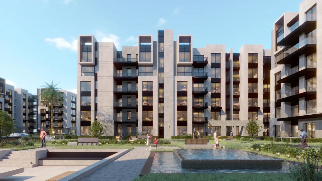 Contemporary apartment complex with water features and landscaped gardens.