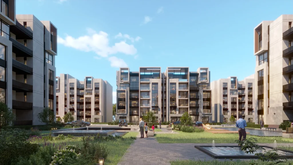 Contemporary apartment complex with landscaped gardens and walkways.