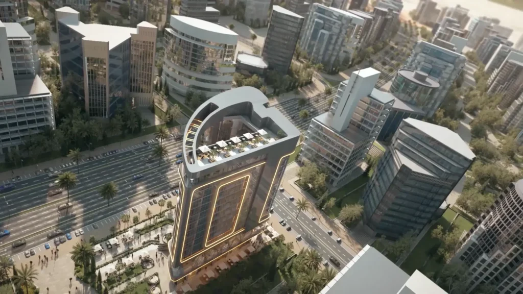 Aerial view of iCapital Business Complex in a modern cityscape.