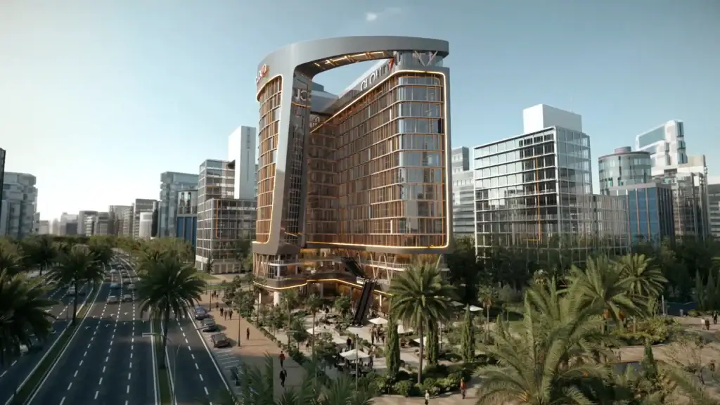 Modern iCapital building with surrounding skyscrapers in a cityscape.