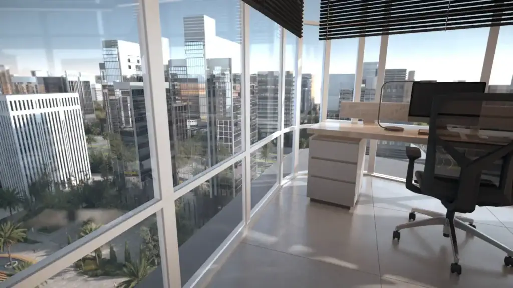 Office workspace with large windows overlooking cityscape at i7 Business Complex.
