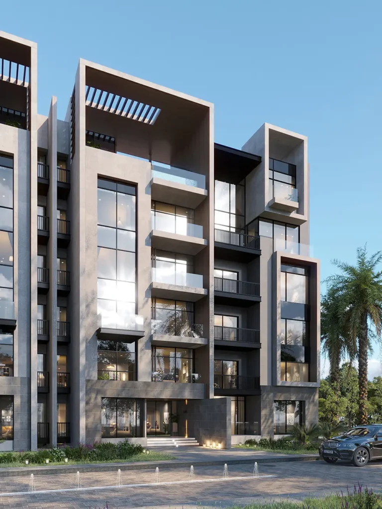 Contemporary apartment building with unique geometric design and large glass windows.