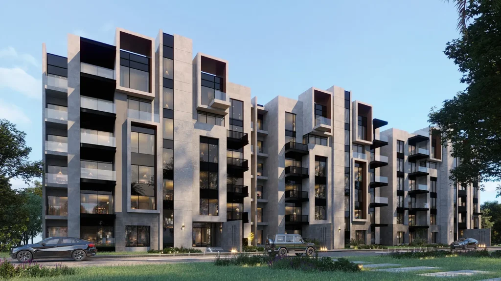 Contemporary apartment building with unique architectural design and multiple balconies.