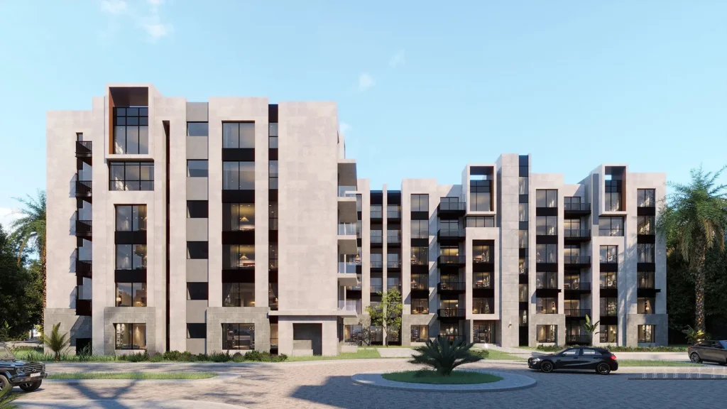 Contemporary apartment complex with multiple floors and balconies.