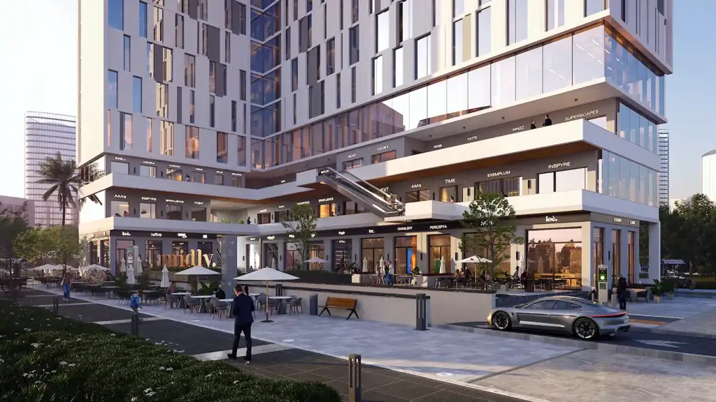 Modern Midly Business Complex with retail and office spaces.
