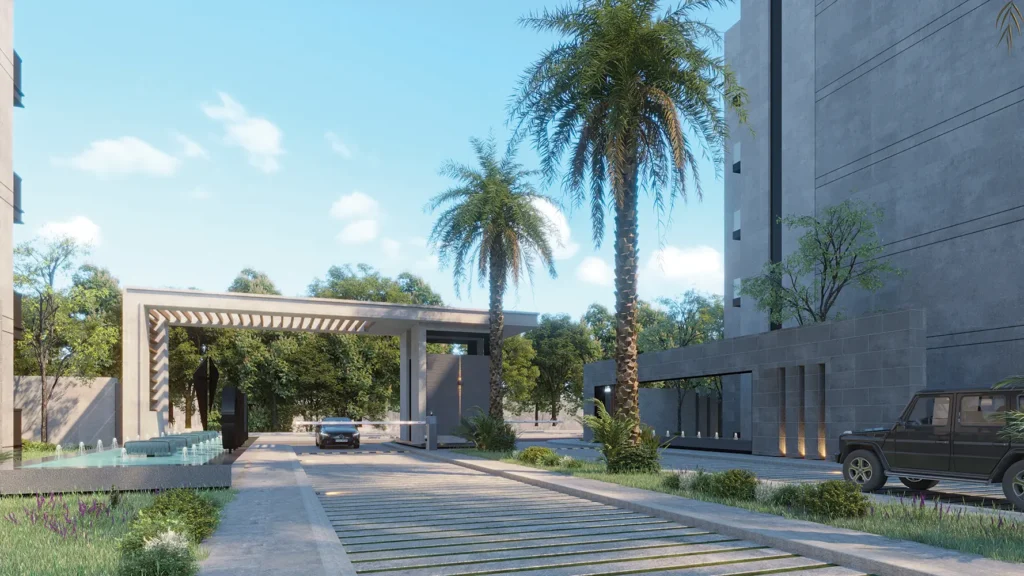 Modern residential entrance with palm trees and driveway at Orla Residence.