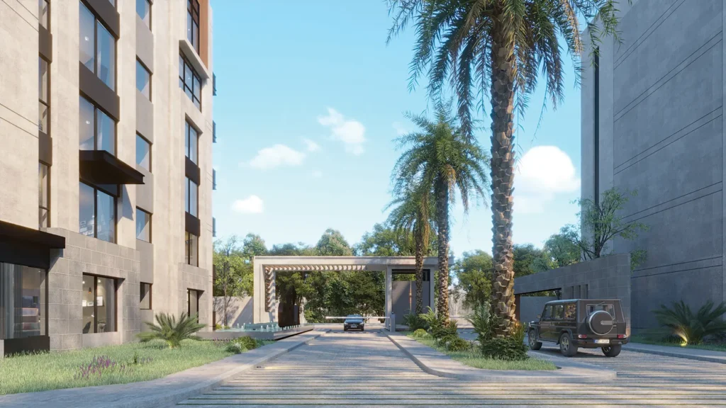Modern residential entrance with palm trees and driveway at Orla Residence.