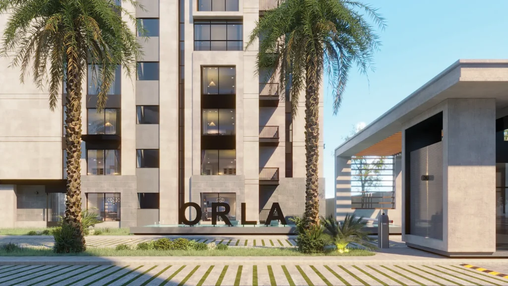 Contemporary residential building with palm trees at Orla Residence.