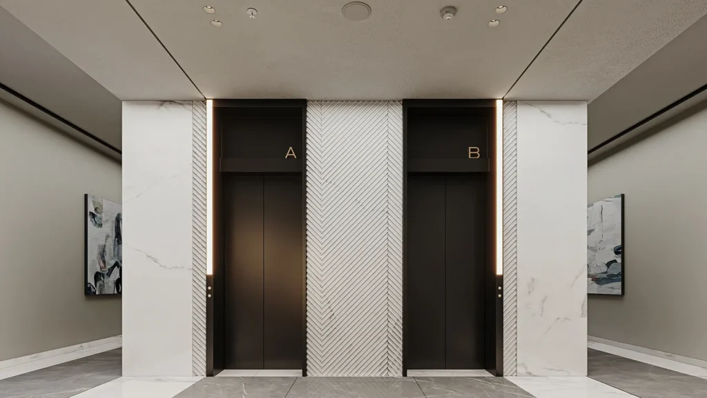 Elegant elevator lobby with two black elevators and marble walls at Orla Residence.