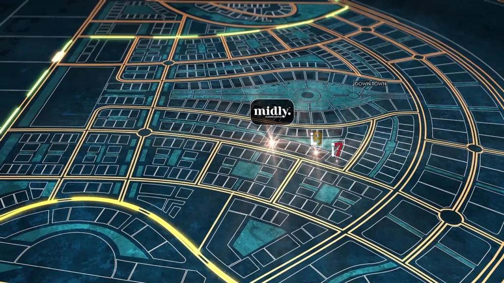 Detailed map of Midly Business Complex with surrounding roads and landmarks.