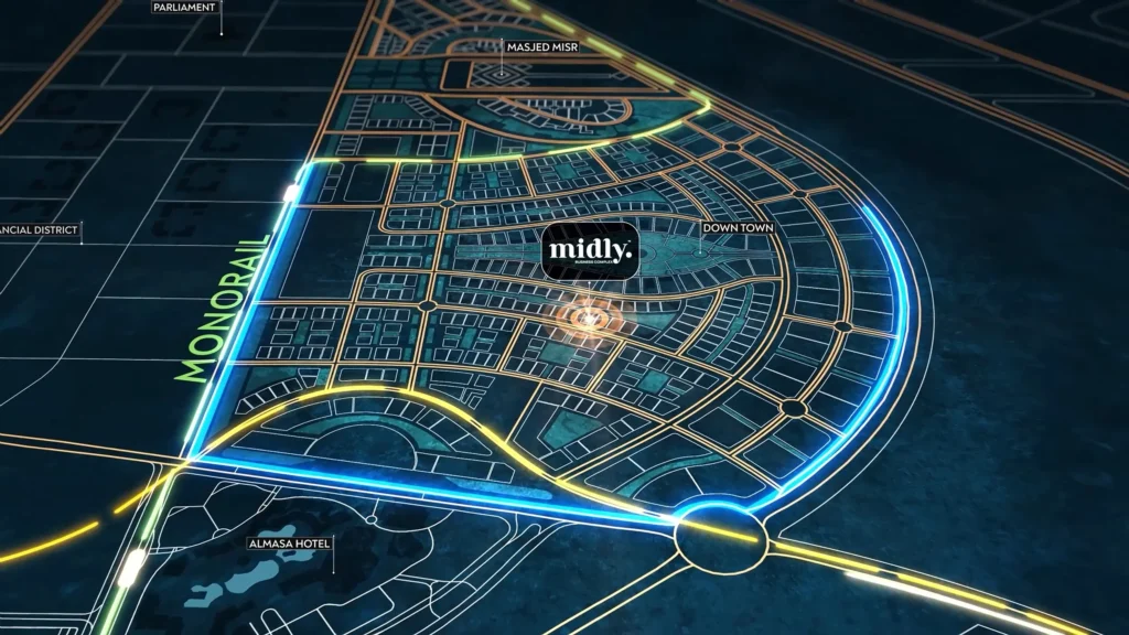 Futuristic map of Midly Business Complex with key landmarks and roads.