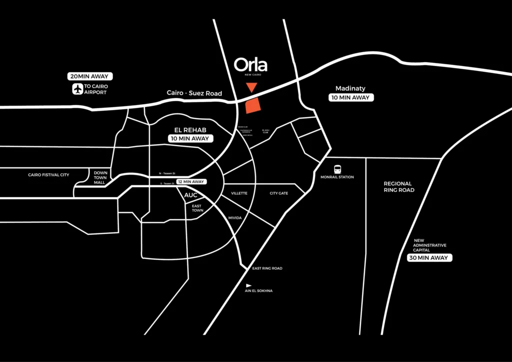 Map of Orla Residence location near Cairo with key routes and landmarks.