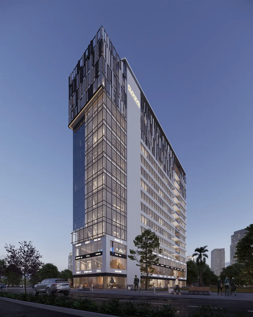 Modern high-rise office building in the iCapital Business Complex.