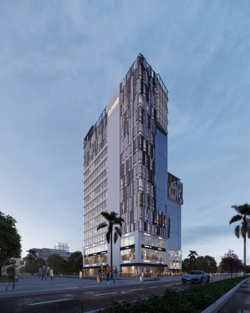 Modern iCapital business complex with glass facade and urban surroundings.