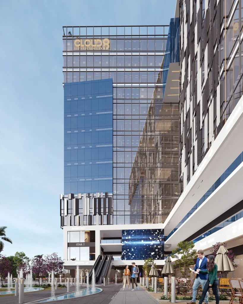 Modern iCapital business complex with glass facade and outdoor seating area.