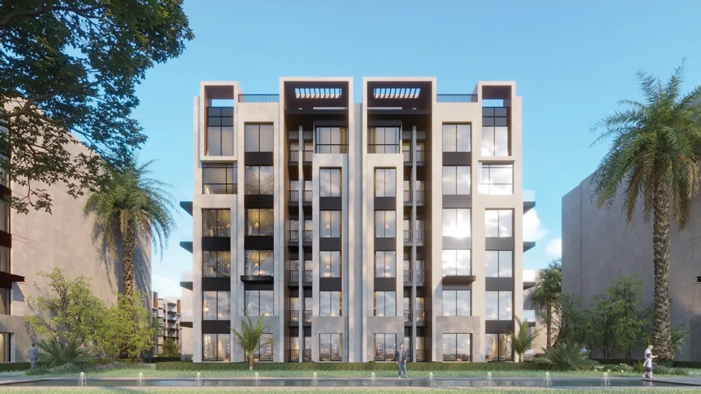 Contemporary apartment building with balconies and palm trees.
