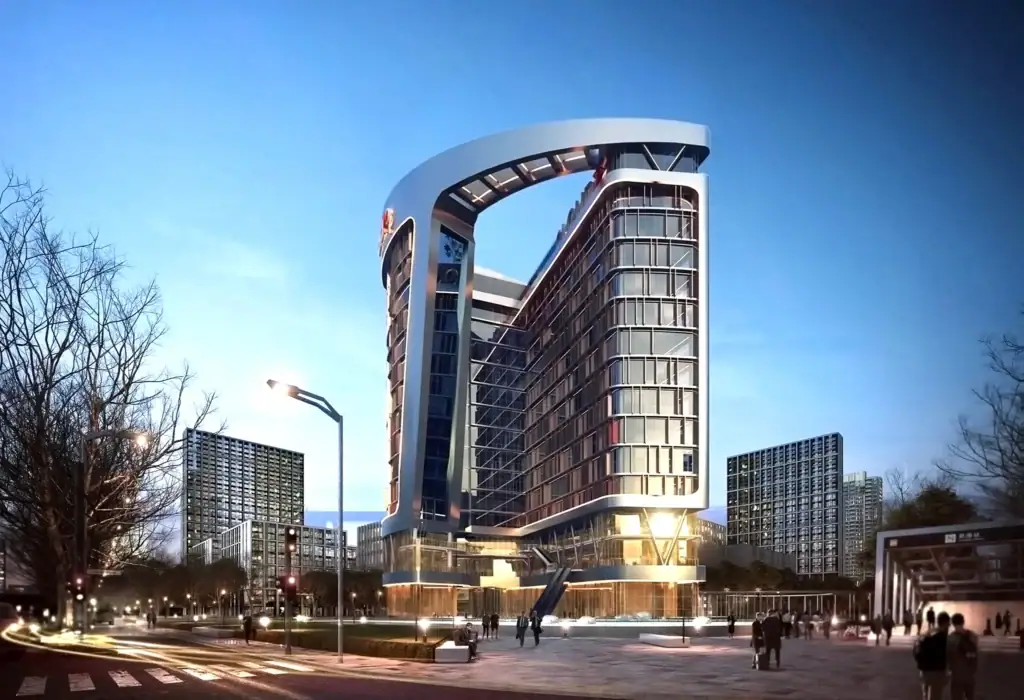 Modern skyscraper at i7 Business Complex with unique curved design.