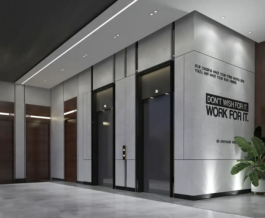 Contemporary elevator lobby with motivational quotes and sleek design.