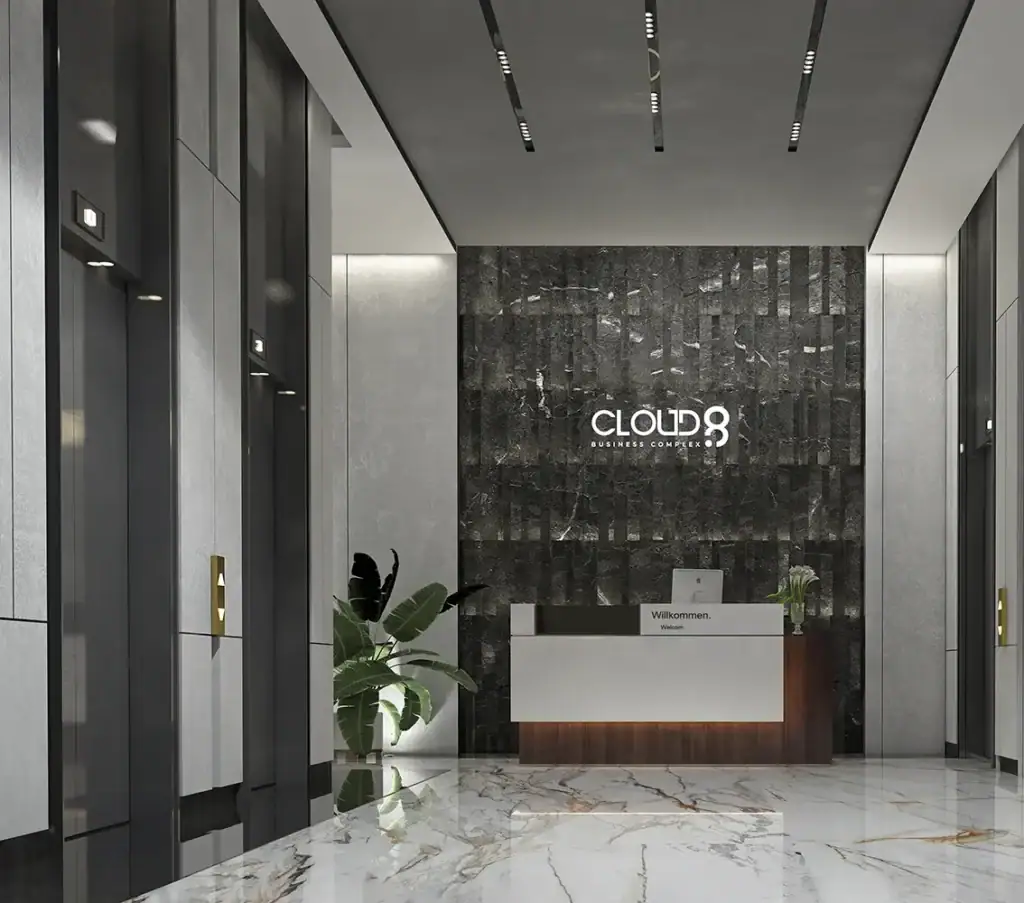 Modern office lobby with reception desk at iCapital Cloud8.