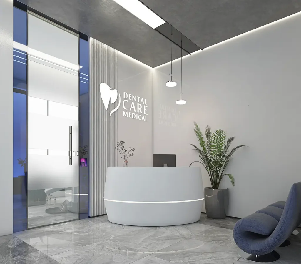 Contemporary dental clinic reception area with sleek design and modern decor.