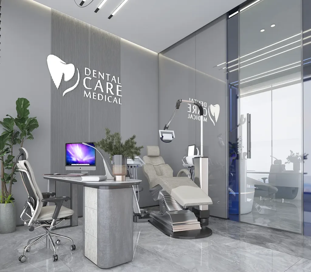Modern dental clinic interior with dental chair and equipment.