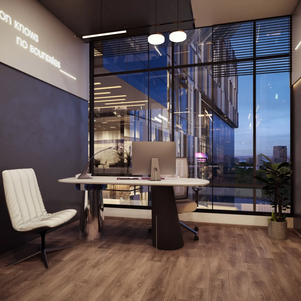 Contemporary office space with glass walls and sleek furniture at iCapital.